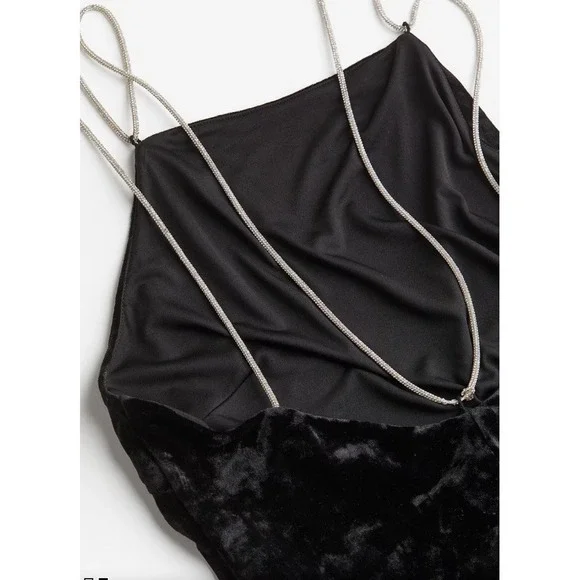 H&M Black Velour Rhinestone Strap Midi Dress Open Back Formal‎ Cocktail M - Picture 3 of 14